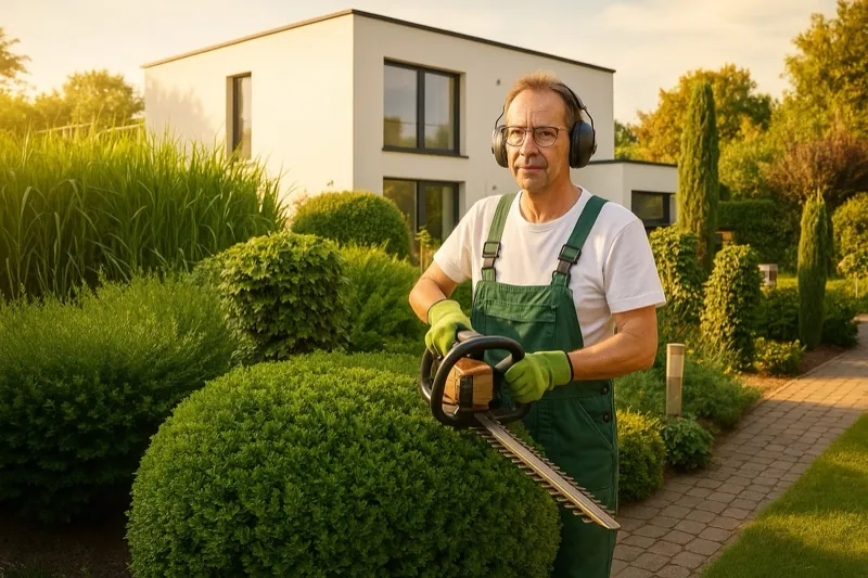 KI-generierte Visualisierung: Gärtner beim Heckenschnitt vor einem modernen Wohnhaus