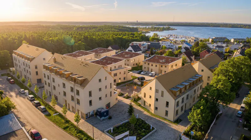 KI-generierte Visualisierung: Wohnquartier an einem See aus der Vogelperspektive